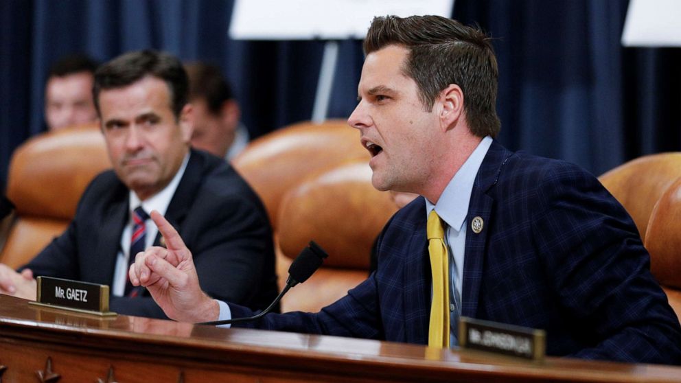 PHOTO: Rep. Matt Gaetz speaks as Rep. John Ratcliffe looks on during the House Judiciary Committee's first hearing on the impeachment inquiry into President Donald Trump on Capitol Hill in Washington, Dec. 4, 2019.