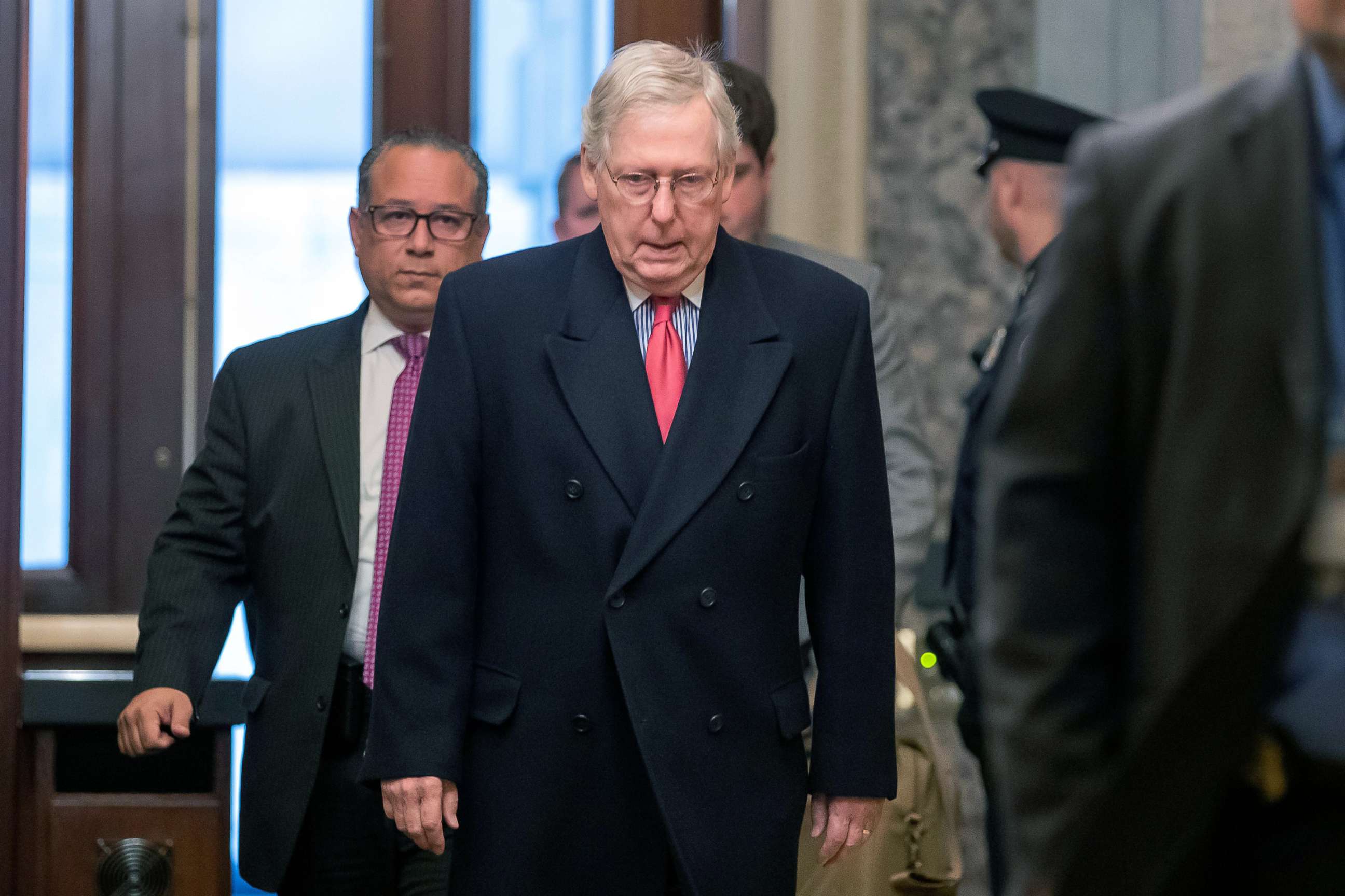 PHOTO: Senate Majority Leader Mitch McConnell arrives for work during the second week of the impeachment trial of President Donald Trump at the U.S. Capitol in Washington, Jan. 28, 2020.