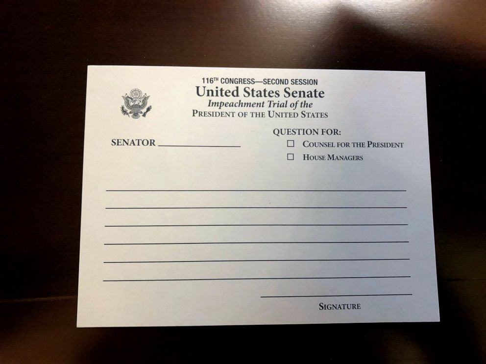PHOTO: Senators will use cards to ask questions of the President Donald Trump's legal team and House impeachment managers during the Senate trial in Washington.