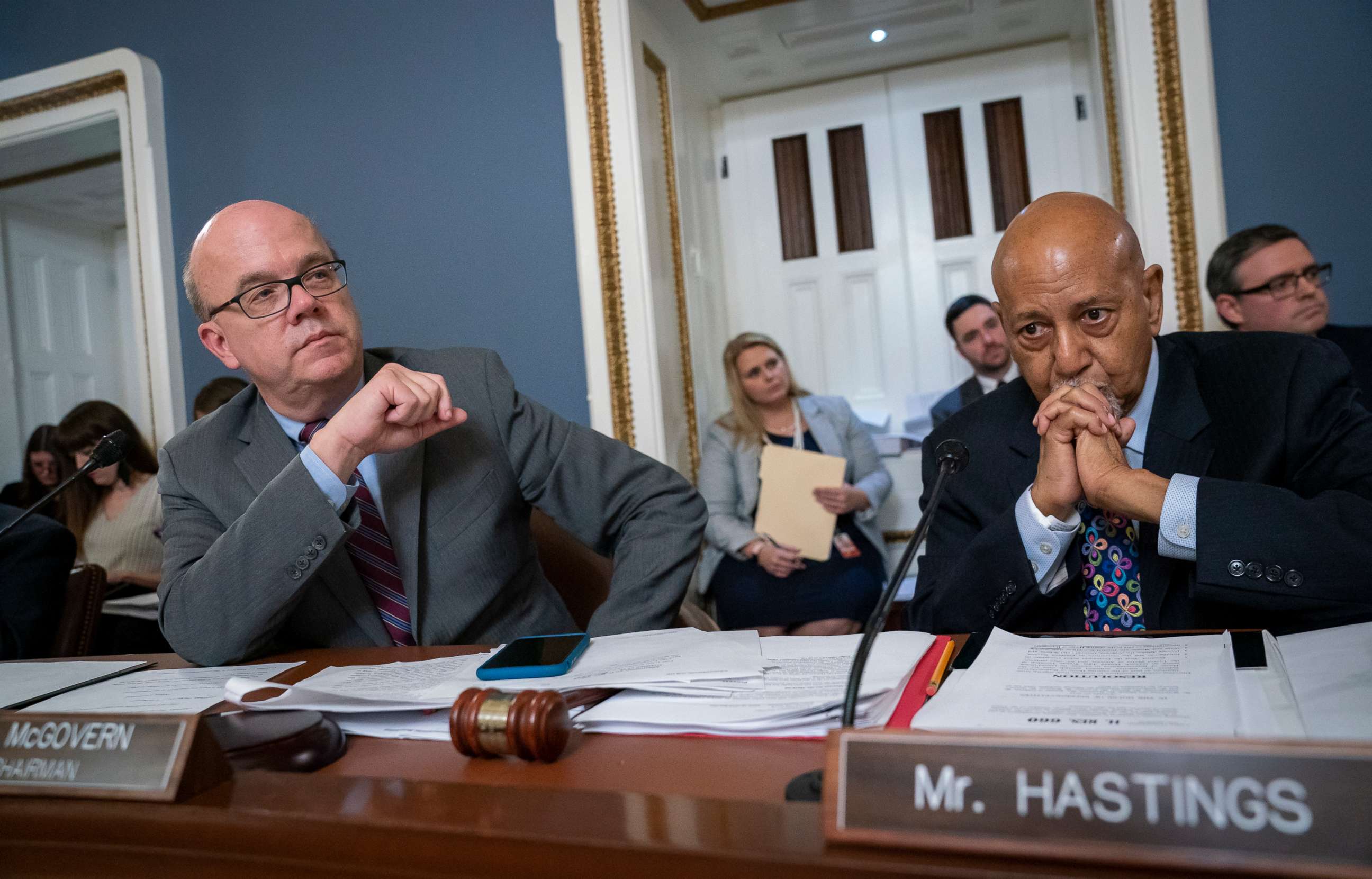 PHOTO: House Rules Committee Chairman Jim McGovern, joined by Rep. Alcee Hastings, presides over a markup of the resolution that will formalize the next steps in the impeachment inquiry of President Donald Trump, in Washington, Oct. 30, 2019.