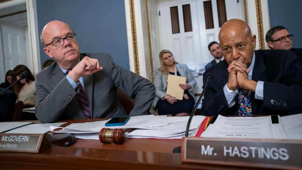 PHOTO: House Rules Committee Chairman Jim McGovern, joined by Rep. Alcee Hastings, presides over a markup of the resolution that will formalize the next steps in the impeachment inquiry of President Donald Trump, in Washington, Oct. 30, 2019.