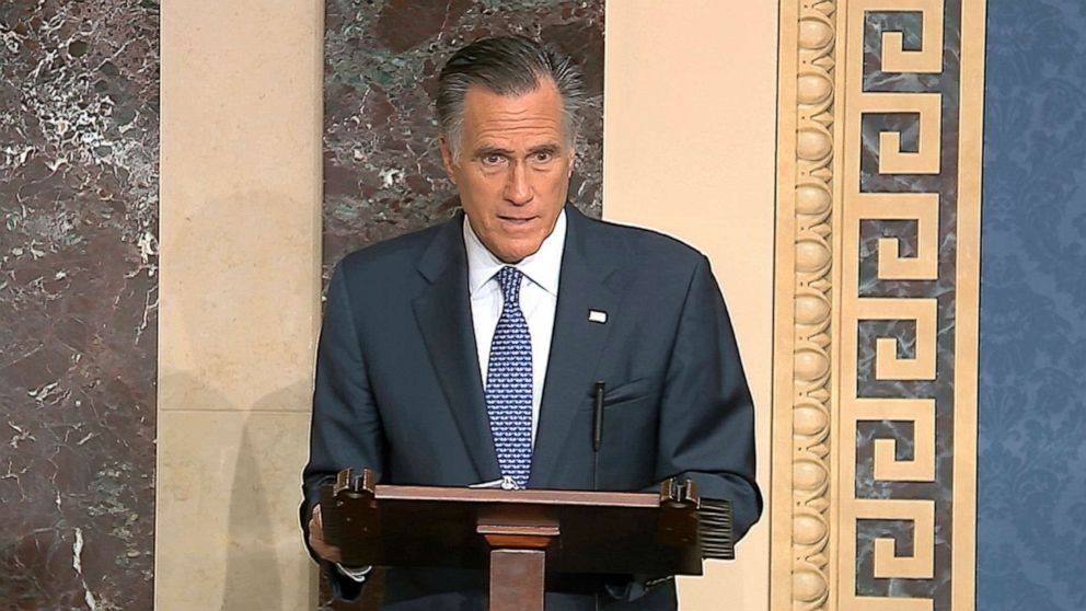 PHOTO: Sen. Mitt Romney speaks on the Senate floor about the impeachment trial against President Donald Trump at the Capitol in Washington, Feb. 5, 2020.