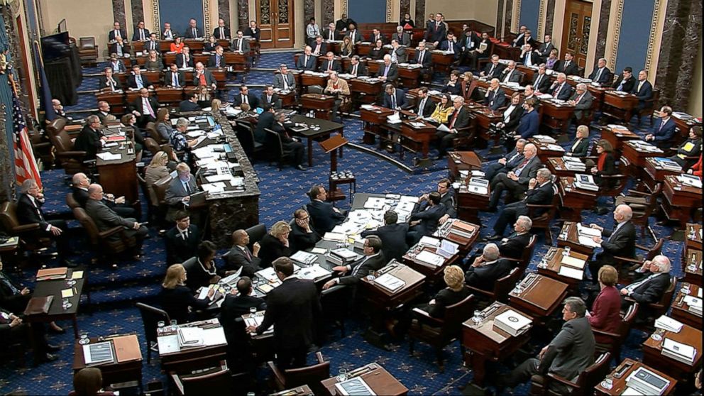 PHOTO: In this image from video, Senators vote on approving the rules for the impeachment trial against President Donald Trump in the Senate at the U.S. Capitol in Washington, Jan. 22, 2020. 