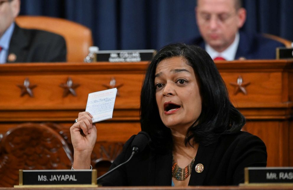 PHOTO: Democratic Rep. Pramila Jayapal holds up a copy of the U.S. Constitution as she votes in favor of articles of impeachment against President Donald Trump on Capitol Hill in Washington, Dec. 13, 2019.