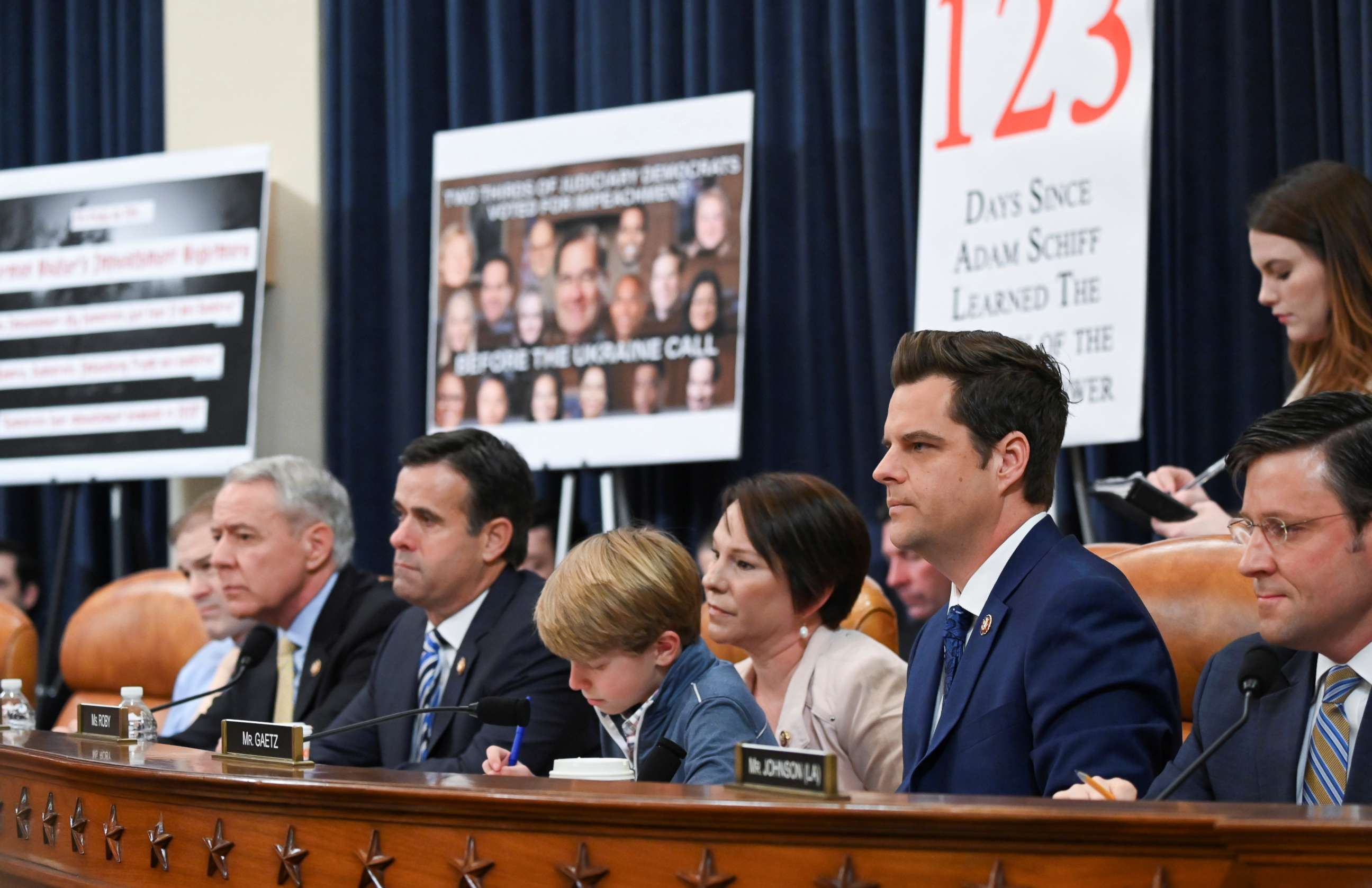 PHOTO: Republican members of the House Judiciary Committee watch and listen to the committee vote to approve articles of impeachment against President Donald Trump on Capitol Hill in Washington, Dec. 13, 2019.