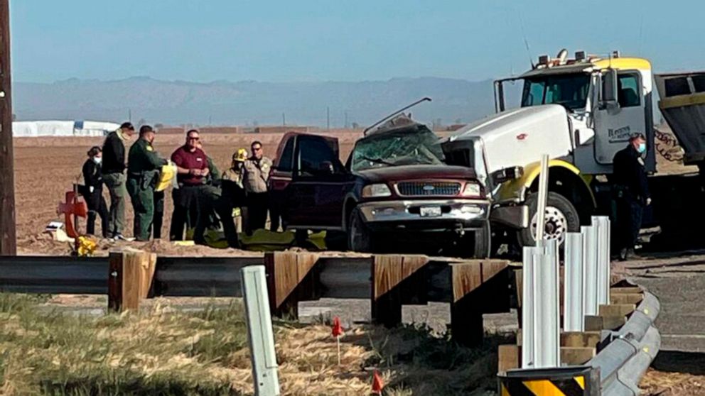 PHOTO: In this image from KYMA, law enforcement work at the scene of a deadly crash involving a semi-truck and an SUV in Holtville, Calif., March 2, 2021.