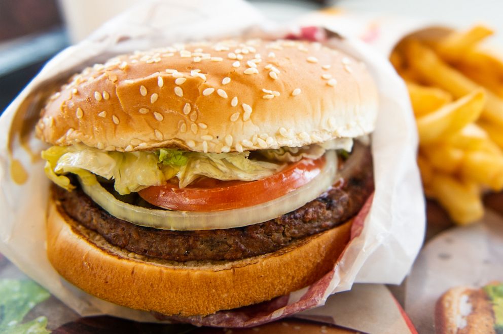 PHOTO: In this photo illustration, an 'Impossible Whopper' sits on a table at a Burger King restaurant on April 1, 2019 in Richmond Heights, Miss.