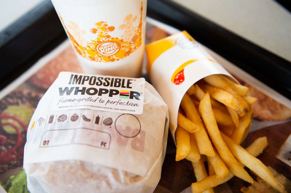 PHOTO: In this photo illustration, an 'Impossible Whopper' sits on a table at a Burger King restaurant on April 1, 2019 in Richmond Heights, Miss.