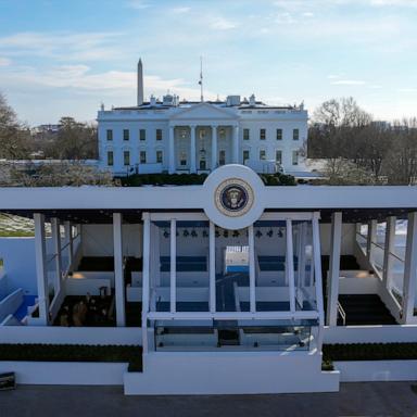 PHOTO: Workers continue with the finishing touches on the presidential reviewing stand on Pennsylvania outside the White House, Jan. 16, 2025, in Washington, ahead of President-elect Donald Trump's inauguration.