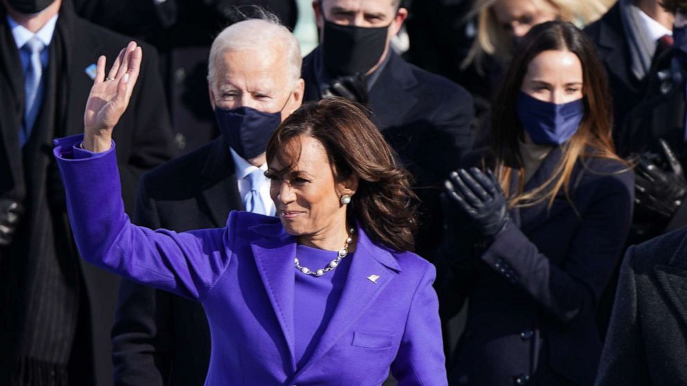 PHOTO: Kamala Harris waves after she was sworn in as Vice President during the inauguration of Joe Biden as the 46th President of the United States on the West Front of the Capitol, Jan. 20, 2021. 