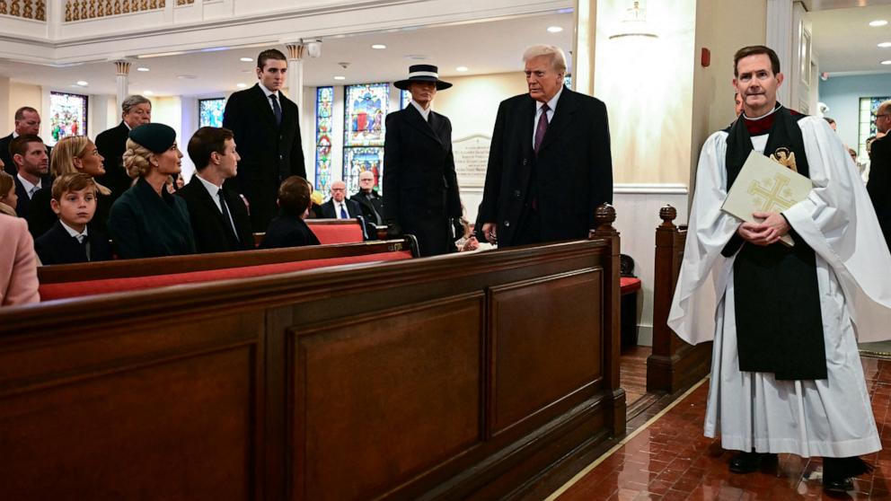 PHOTO: President-elect Donald Trump, trailed by Melania Trump and son Barron Trump, arrives for a church service at St. John's Episcopal Church, Lafayette Square in Washington, Jan. 20, 2025. 