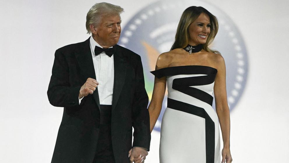 PHOTO: President Donald Trump and First Lady Melania Trump arrive for the Commander-In-Chief inaugural ball in Washington, Jan. 20, 2025.