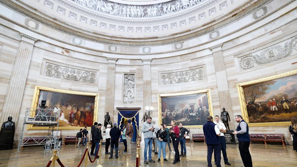 PHOTO: Preparations are made for President-elect Donald Trump's inauguration in the U.S. Capitol rotunda, Jan. 17, 2025, in Washington.