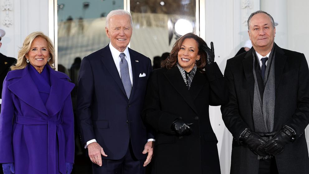 PHOTO: First lady Jill Biden, President Joe Biden, Vice President Kamala Harris and second gentleman Doug Emhoff stand together at the White House ahead of the inauguration of U.S. President-elect Donald Trump Jan. 20, 2025 in Washington.