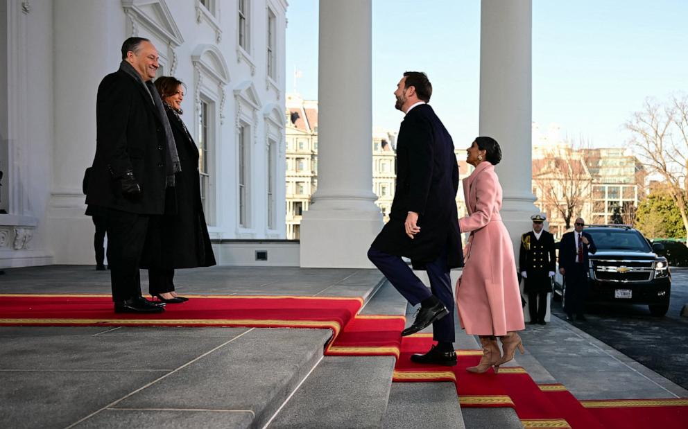PHOTO: Second Gentleman Douglas Emhoff and Vice President Kamala Harris welcome Vice President-elect JD Vance and Usha Vance as they arrive at the White House in Washington, Jan. 20, 2025.