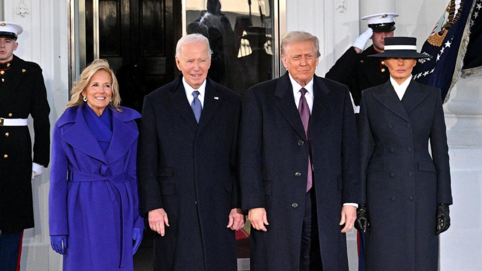 PHOTO: President Joe Biden and First Lady Jill Biden pose alongside President-elect Donald Trump and Melania Trump as they arrive at the White House in Washington, Jan. 20, 2025.