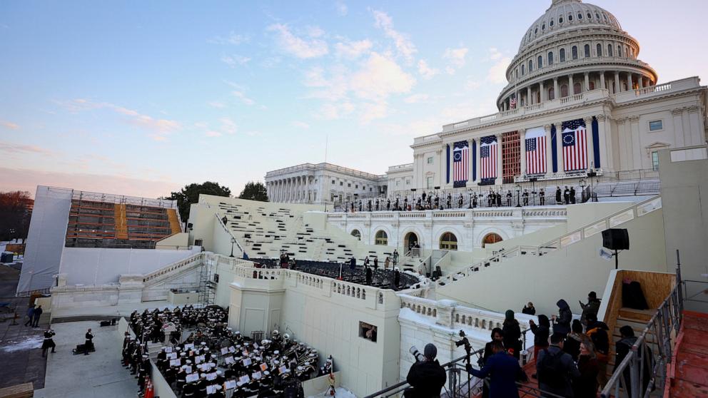 PHOTO: A rehearsal takes place in front of the U.S. Capitol ahead of the presidential inauguration of U.S. President-elect Donald Trump, in Washington, Jan. 12, 2025. 