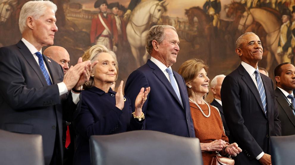 PHOTO: Former President Bill Clinton, former Secretary of State Hillary Clinton, former President George W. Bush, former first lady Laura Bush and former President Barack Obama in the Rotunda of the U.S. Capitol Jan. 20, 2025 in Washington.