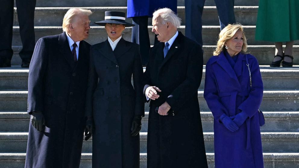 PHOTO: President Donald Trump, First Lady Melania Trump, former President Joe Biden and former First Lady Jill Biden stand during a farewell ceremony outside the Capitol Jan. 20, 2025, following Donald Trump's inauguration.