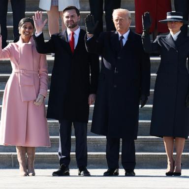 PHOTO: Second lady Usha Vance, Vice President J.D. Vance, President Donald Trump and first lady Melania Trump wave as former President Joe Biden and former Vice President Kamala Harris depart the U.S. Capitol on January 20, 2025 in Washington.