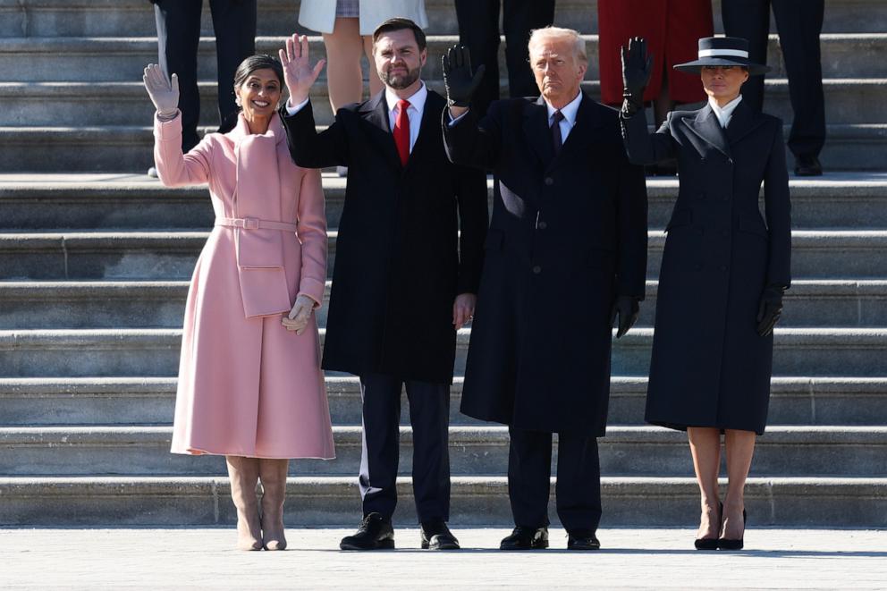 PHOTO: Second lady Usha Vance, Vice President J.D. Vance, President Donald Trump and first lady Melania Trump wave as former President Joe Biden and former Vice President Kamala Harris depart the U.S. Capitol on January 20, 2025 in Washington.