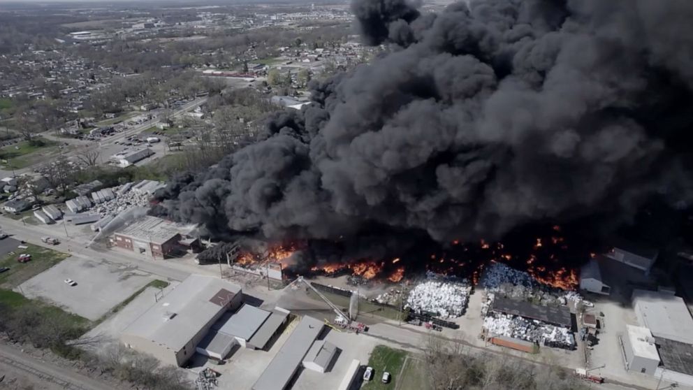 PHOTO: A grab from video shows a large scale fire at a recycling plant in Richmond, Ind., April 11, 2023.