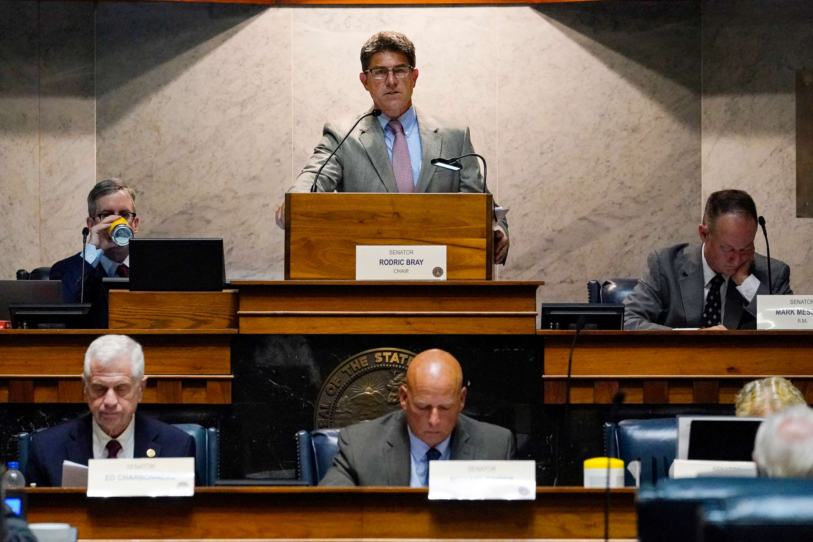 PHOTO: Senate President Pro Tem Rodric Bray opens the second day of hearings by the Indiana Senate Rules Committee as they take testimony on a Republican proposal to ban nearly all abortions in the state at the Statehouse in Indianapolis, July 26, 2022.
