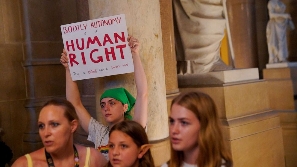 PHOTO: Abortion rights demonstrators protest shortly before the vote to accept Senate Bill 1, which was passed by the House earlier in the day, making the Indiana legislature the first in the nation to restrict abortions, in Indianapolis, Aug. 5, 2022.