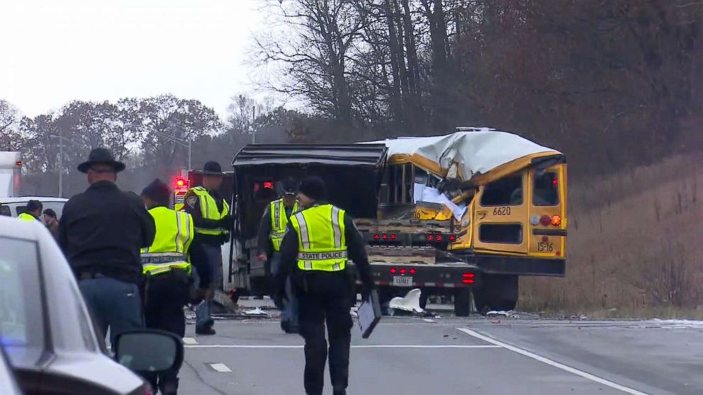 PHOTO: A packed school bus collided with a flatbed truck in a fatal accident, Dec. 5, 2018, in Indiana.