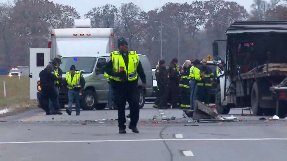 PHOTO: A packed school bus collided with a flatbed truck in a fatal accident, Dec. 5, 2018, in Indiana.