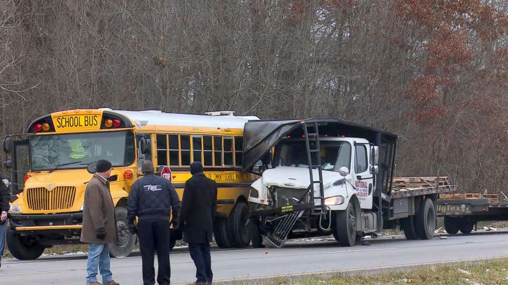PHOTO: A packed school bus collided with a flatbed truck in a fatal accident, Dec. 5, 2018, in Indiana.