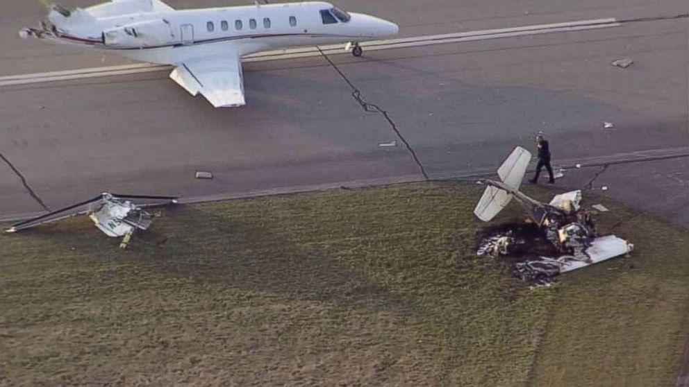 Two people were killed when a Cessna 150, top, collided with a Cessna 525 on the runway at Marion Municipal Airport in Marion, Indiana, on Monday, April 2, 2018. 