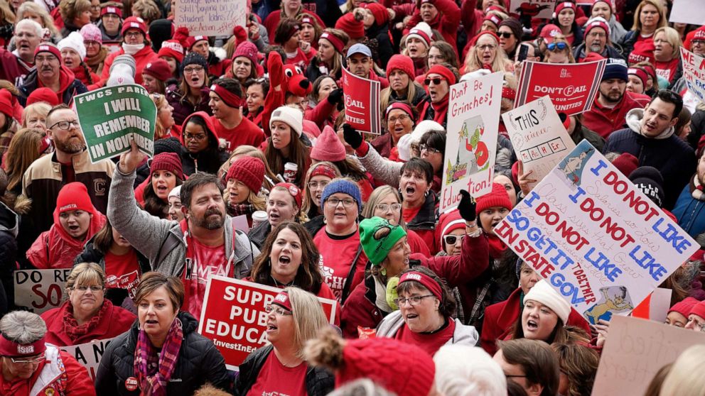 PHOTO: Educators and their supporters gather as teachers hold a one day walkout at the statehouse in Indianapolis, Nov. 19, 2019.