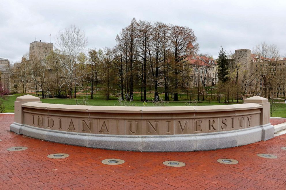 PHOTO: A file photo shows the entrance sign into campus at Indiana University in Bloomington, Ind., April 19, 2019.