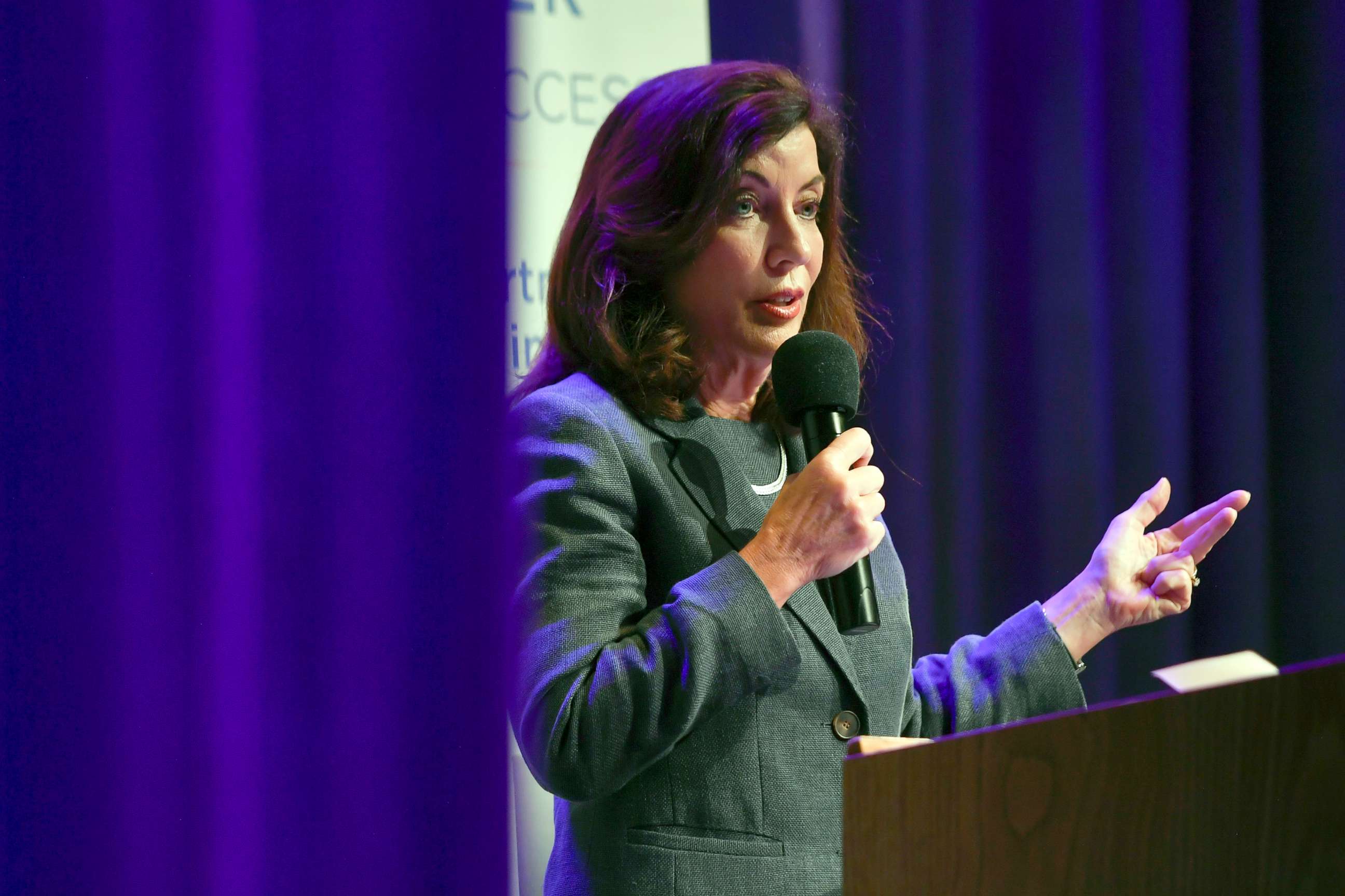 PHOTO: Gov. Kathy Hochul delivers remarks at a gubernatorial forum hosted by the Rochester Chamber of Commerce in Rochester, New York, Oct. 7, 2022.
