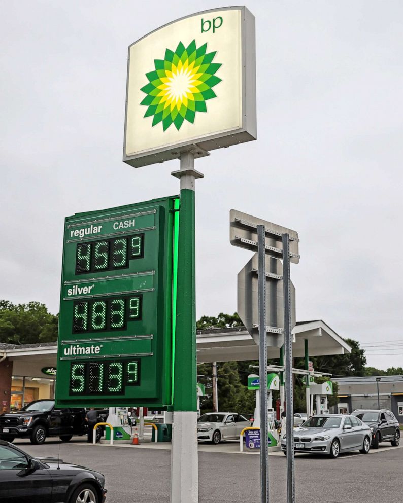 PHOTO: Gas prices are displayed at the BP gas station on Walt Whitman Rd. In Melville, N.Y., June 1, 2022.