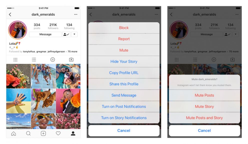PHOTO: The option to mute posts from accounts in your Instagram feed without unfollowing them is displayed in a set of images released by the company on May 22, 2018.
