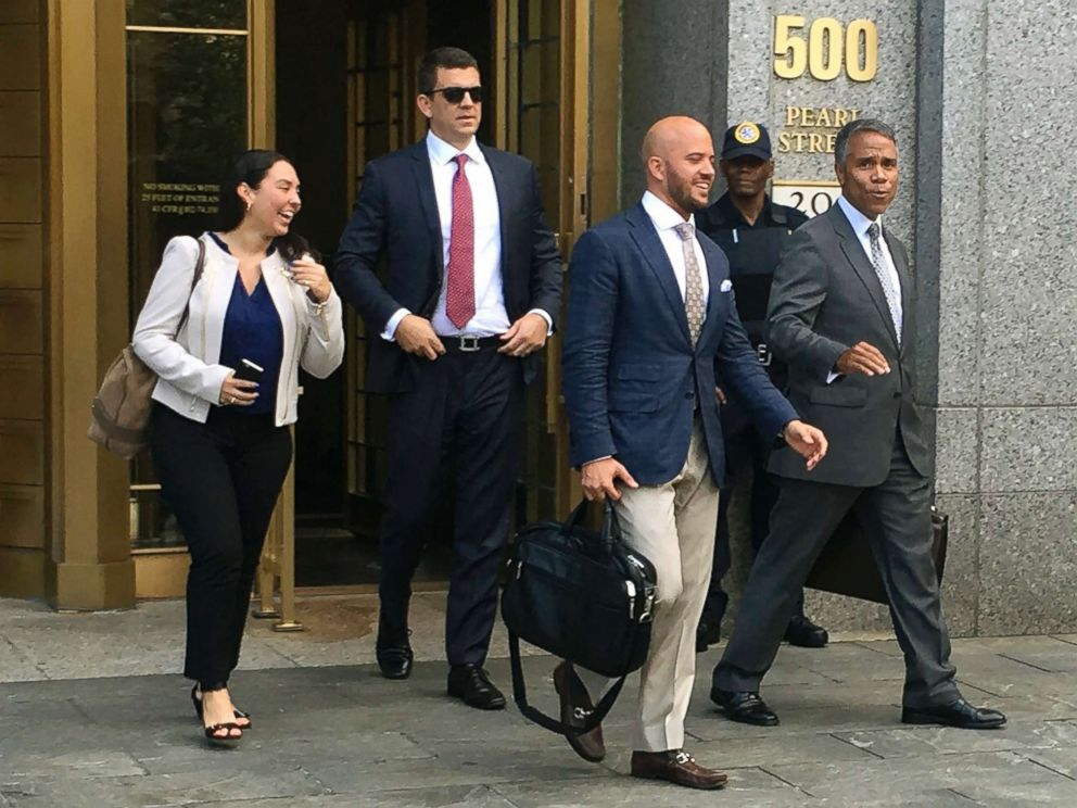 PHOTO: Insys Therapeutics Inc. employees and their lawyers walk out of federal court after they pleaded not guilty to engaged in a scheme to pay doctors kickbacks to prescribe a fentanyl-based drug the company sells, in New York, Aug, 17, 2016.