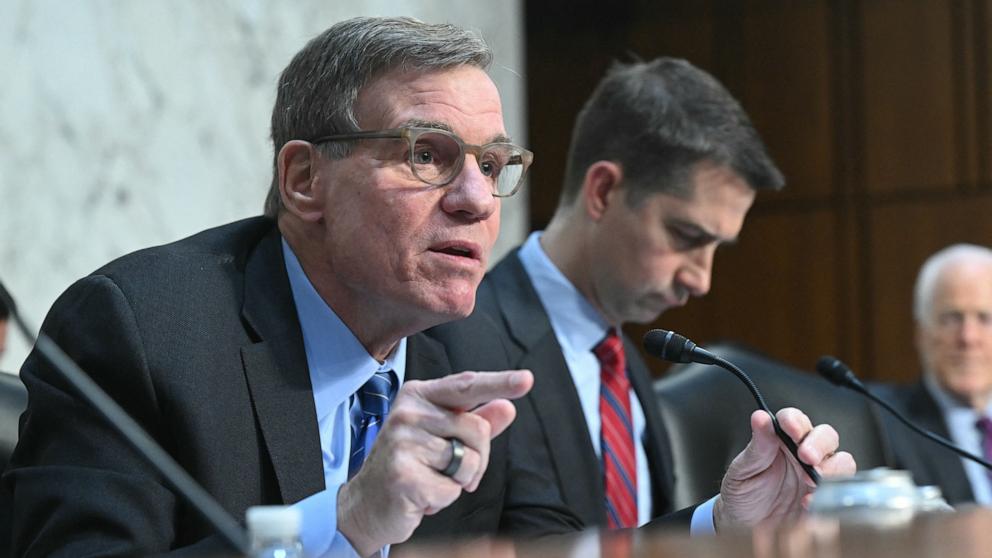 PHOTO: Ranking Member, Sen. Mark Warner speaks during a Senate Intelligence Committee hearing on "Worldwide Threats," on Capitol Hill in Washington, Mar. 25, 2025.