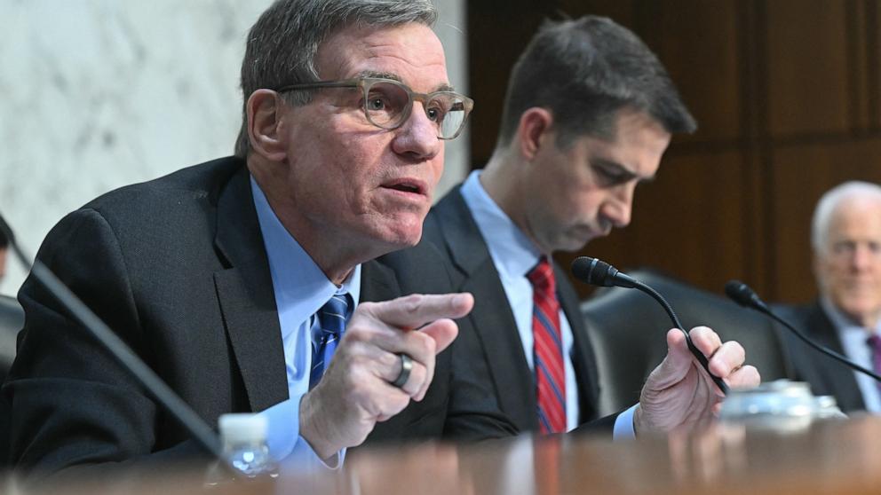 PHOTO: Ranking Member, Sen. Mark Warner speaks during a Senate Intelligence Committee hearing on "Worldwide Threats," on Capitol Hill in Washington, Mar. 25, 2025. 