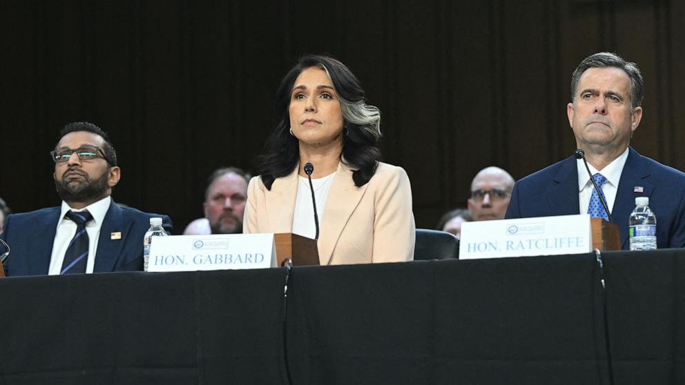 PHOTO: FBI Director, Kash Patel; Director of National Intelligence, Tulsi Gabbard; and CIA Director, John Ratcliffe testify before the Senate Intelligence Committee hearing on "Worldwide Threats," on Capitol Hill in Washington, Mar. 25, 2025. 