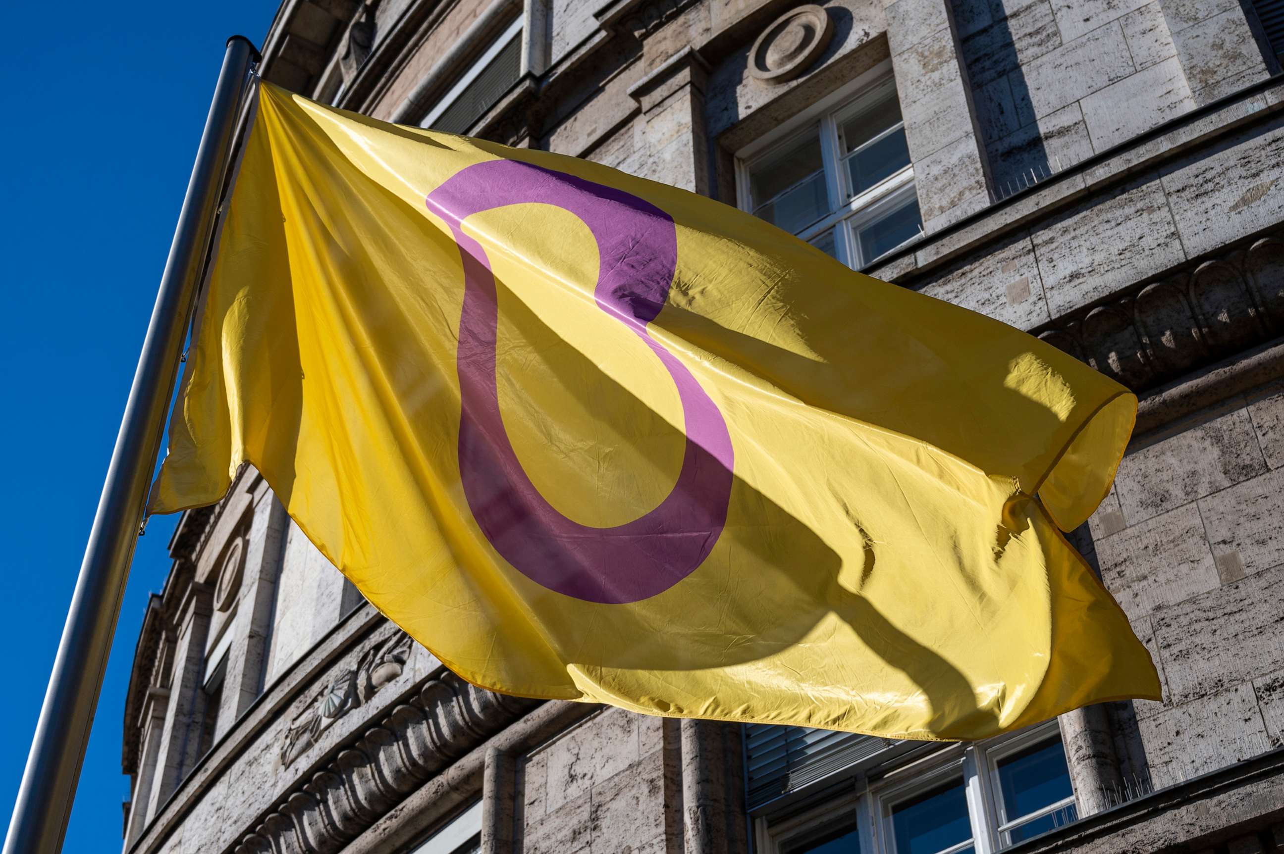 PHOTO: An Intersex flag is seen in front of the Berlin Senate Department for Justice, Diversity and Anti-Discrimination, Oct. 26 2022, in Berlin.