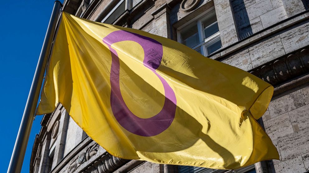 PHOTO: An Intersex flag is seen in front of the Berlin Senate Department for Justice, Diversity and Anti-Discrimination, Oct. 26 2022, in Berlin.