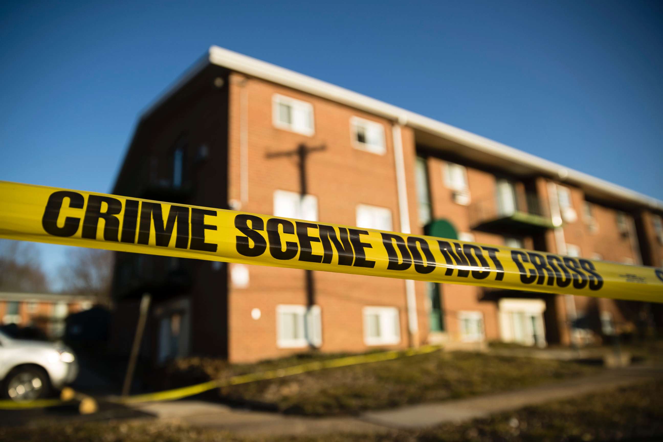PHOTO: Crime scene tape surrounds the Robert Morris Apartments in Morrisville, Pa., Feb. 26, 2019.