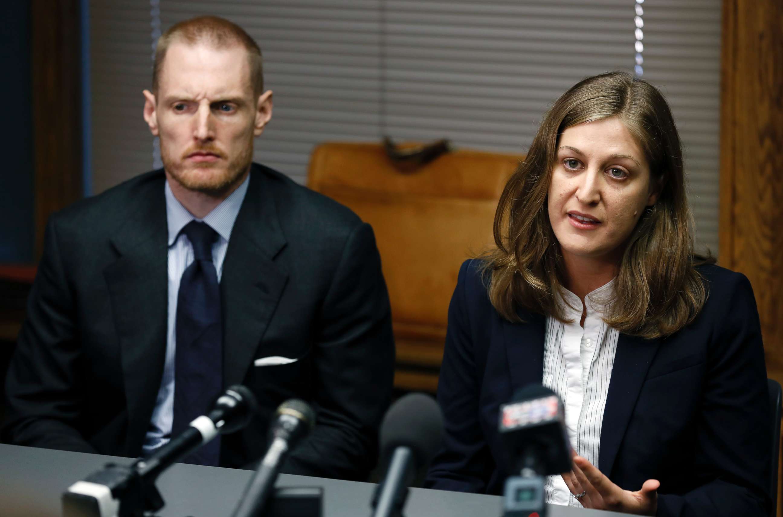 PHOTO: Rita Bettis, right, American Civil Liberties Union of Iowa Legal Director, speaks during a news conference as Emma Goldman Clinic attorney Sam Jones, left, looks on, June 1, 2018, in Des Moines, Iowa.