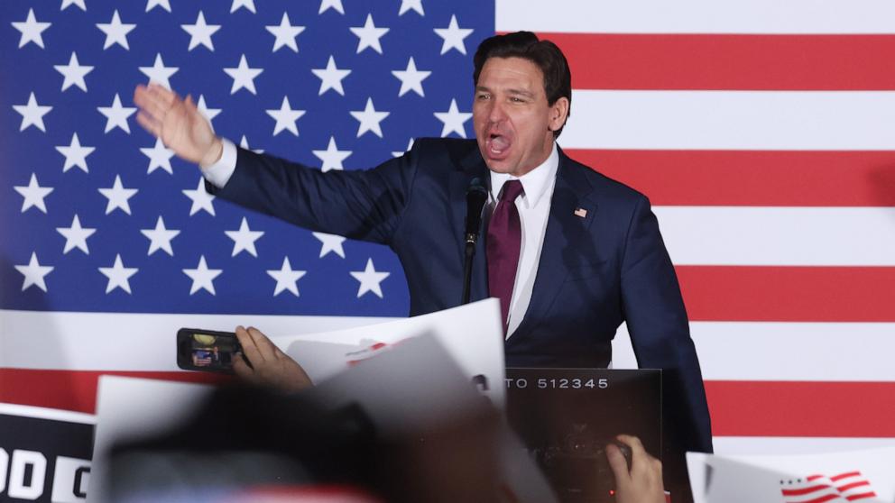 PHOTO: Republican presidential candidate Florida Gov. Ron DeSantis speaks at his caucus night event, Jan. 15, 2024 in West Des Moines, Iowa.