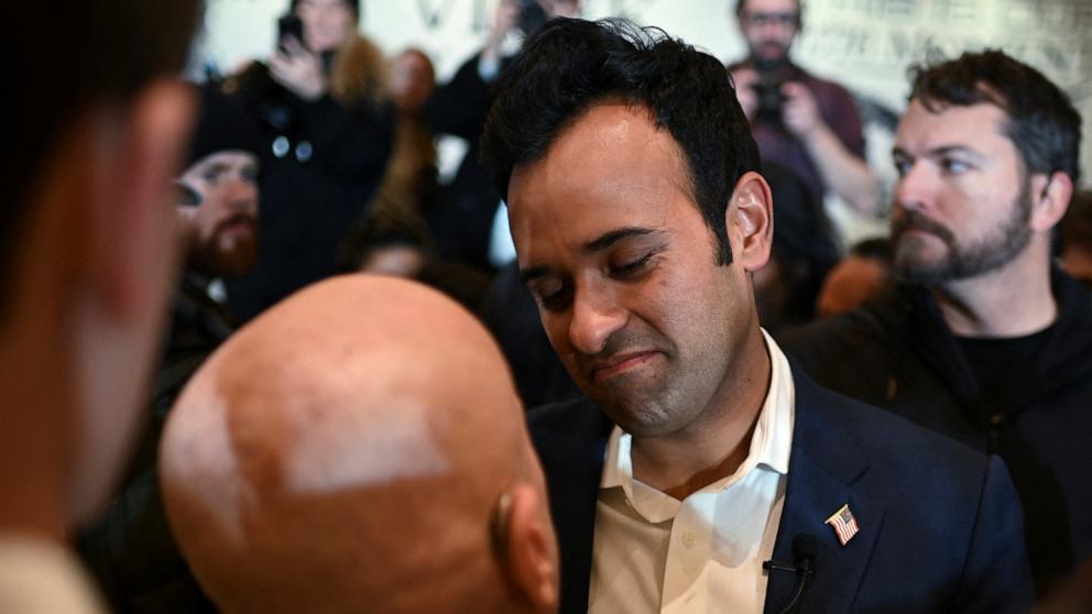 PHOTO: Republican presidential candidate and businessman Vivek Ramaswamy attends his Iowa caucus night watch party after suspending his campaign in Des Moines, Iowa, Jan. 15, 2024. 