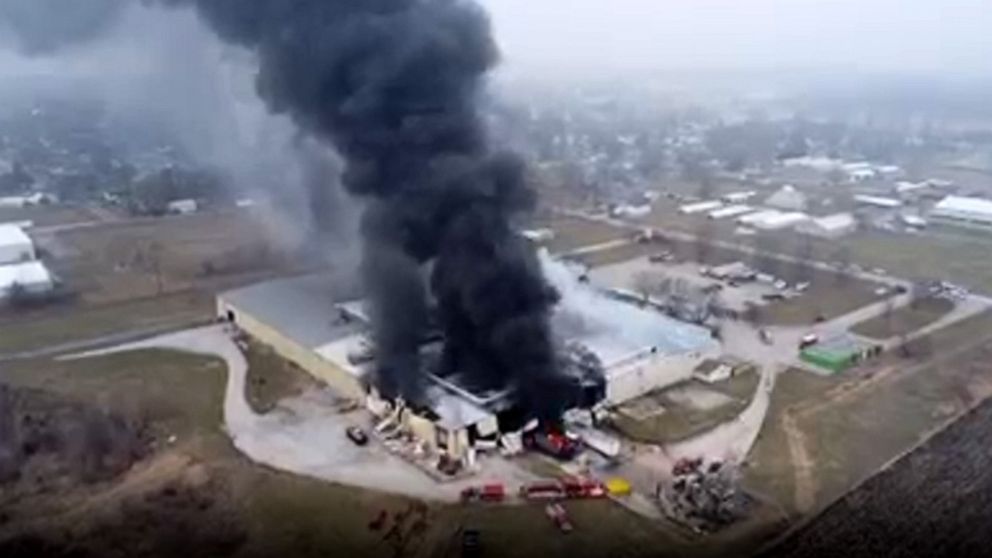 PHOTO: Crews battle a fire at a soybean plant in Marengo, Iowa, Dec. 8, 2022.
