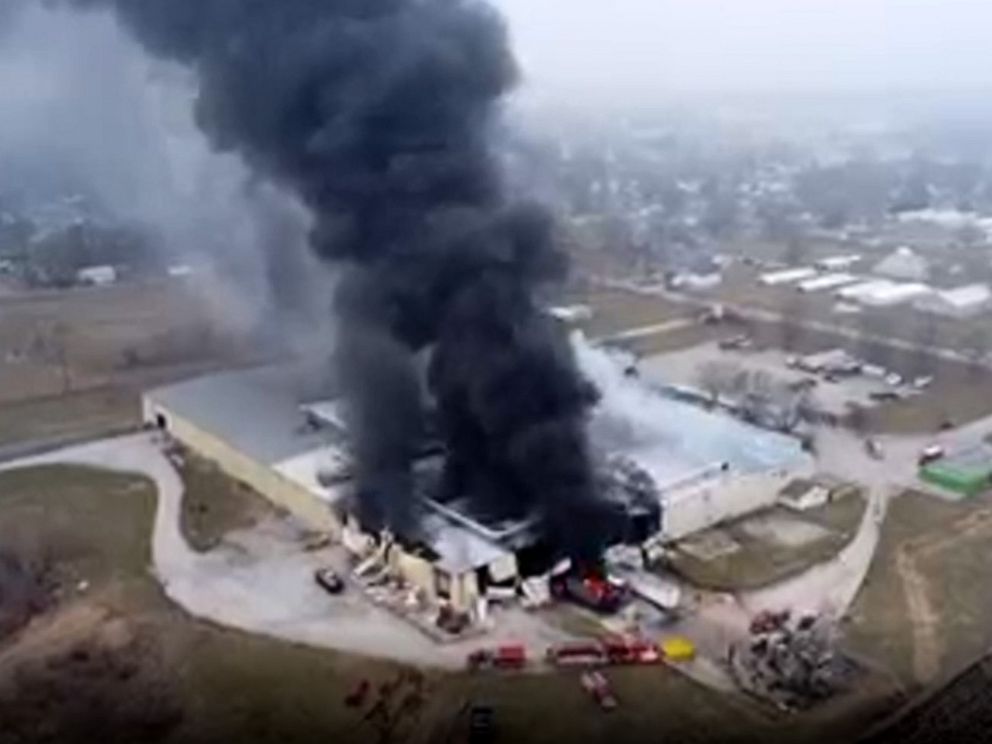 PHOTO: Crews battle a fire at a soybean plant in Marengo, Iowa, Dec. 8, 2022.
