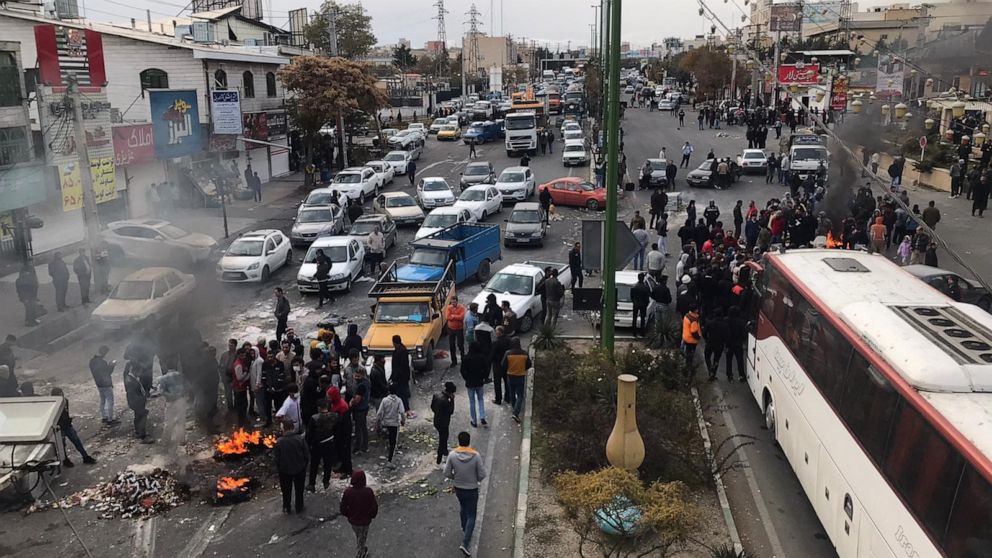 PHOTO: Protesters set fire as they block the roads during a protest against gasoline price hike at Damavand of Tehran, Iran on November 16, 2019.